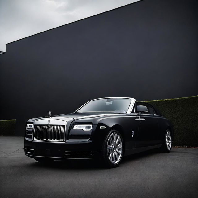 A sleek matte black Rolls Royce parked against a very dark background