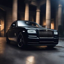 Close up front view of a matte black Rolls Royce in a very dark room with the headlights on, creating a dramatic and mysterious atmosphere