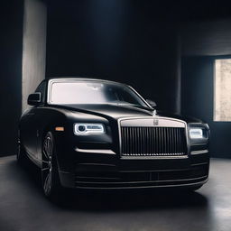 Close up front view of a matte black Rolls Royce in a very dark room with the headlights on, creating a dramatic and mysterious atmosphere