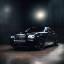 Close up front view of a matte black Rolls Royce in a very dark room with the headlights on, creating a dramatic and mysterious atmosphere