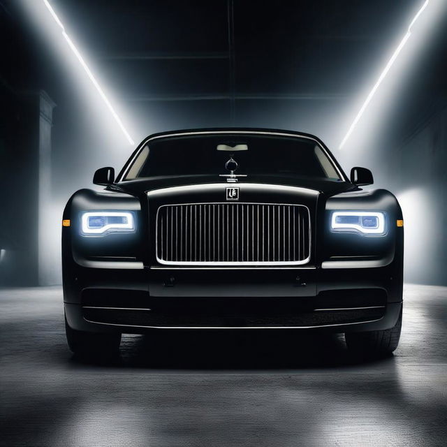 Close up front view of a matte black Rolls Royce in a very dark room with the headlights on, creating a dramatic and mysterious atmosphere