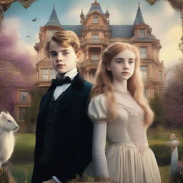 A movie poster featuring a 16-year-old boy with golden blonde hair standing next to a 14-year-old girl in a Victorian dress