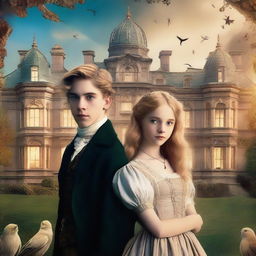 A movie poster featuring a 16-year-old boy with golden blonde hair standing next to a 14-year-old girl in a Victorian dress