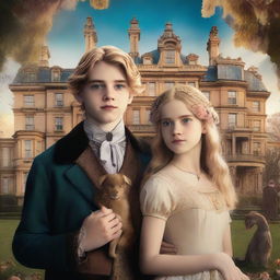 A movie poster featuring a 16-year-old boy with golden blonde hair standing next to a 14-year-old girl in a Victorian dress