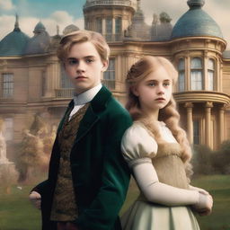 A movie poster featuring a 16-year-old boy with golden blonde hair standing next to a 14-year-old girl in a Victorian dress