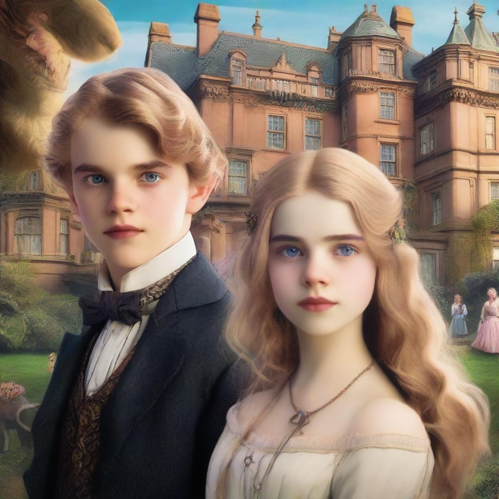 A movie poster featuring a 16-year-old boy with golden blonde hair wearing modern clothes standing next to a 14-year-old girl in a Victorian dress