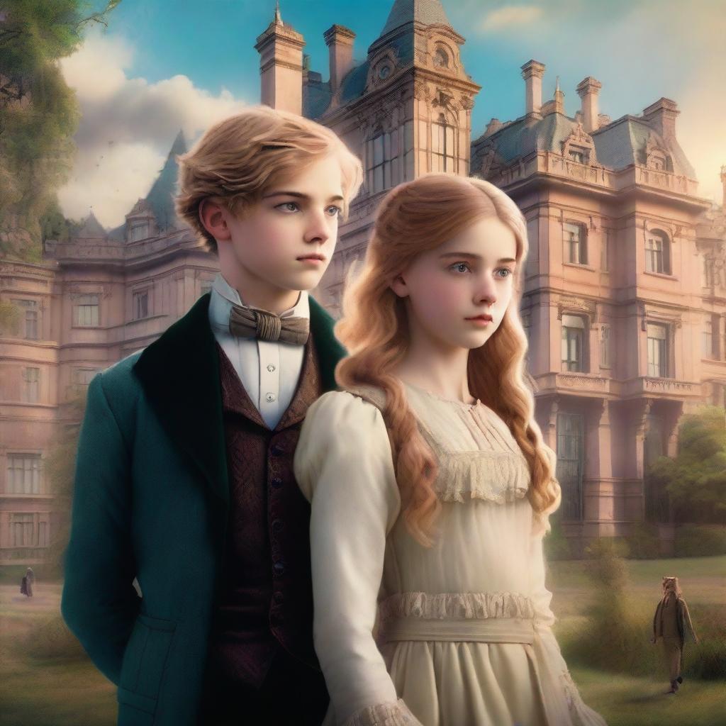 A movie poster featuring a 16-year-old boy with golden blonde hair wearing modern clothes standing next to a 14-year-old girl in a Victorian dress