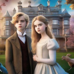 A movie poster featuring a 16-year-old boy with golden blonde hair wearing modern clothes standing next to a 14-year-old girl in a Victorian dress