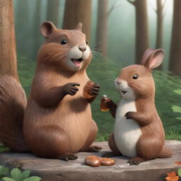 A winsome cartoon-style scene of a beaver and a bunny, sitting together happily and devouring a bottle of maple syrup. Their faces are full of delight, making the scene endearing and sweet.