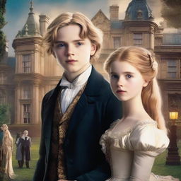 A movie poster featuring a 16-year-old boy with golden blonde hair wearing modern clothes standing next to a 14-year-old girl in a Victorian dress