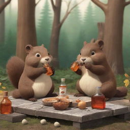 A winsome cartoon-style scene of a beaver and a bunny, sitting together happily and devouring a bottle of maple syrup. Their faces are full of delight, making the scene endearing and sweet.