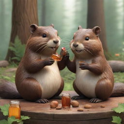 A winsome cartoon-style scene of a beaver and a bunny, sitting together happily and devouring a bottle of maple syrup. Their faces are full of delight, making the scene endearing and sweet.