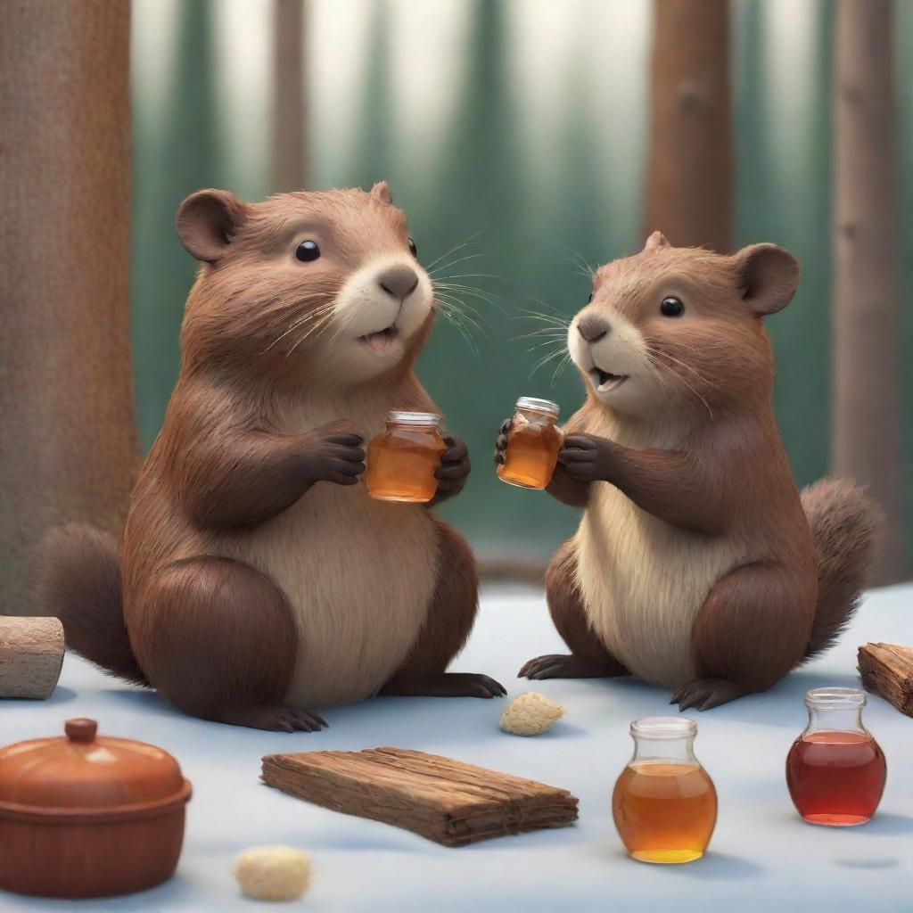 A winsome cartoon-style scene of a beaver and a bunny, sitting together happily and devouring a bottle of maple syrup. Their faces are full of delight, making the scene endearing and sweet.