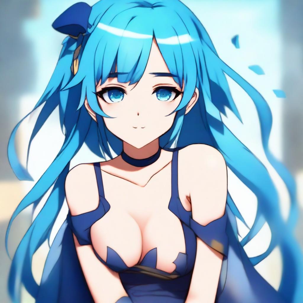 Create a digital art piece featuring a blue-haired anime girl