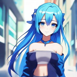 Create a digital art piece featuring a blue-haired anime girl