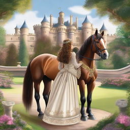 A majestic scene featuring the back view of a horse prince and princess