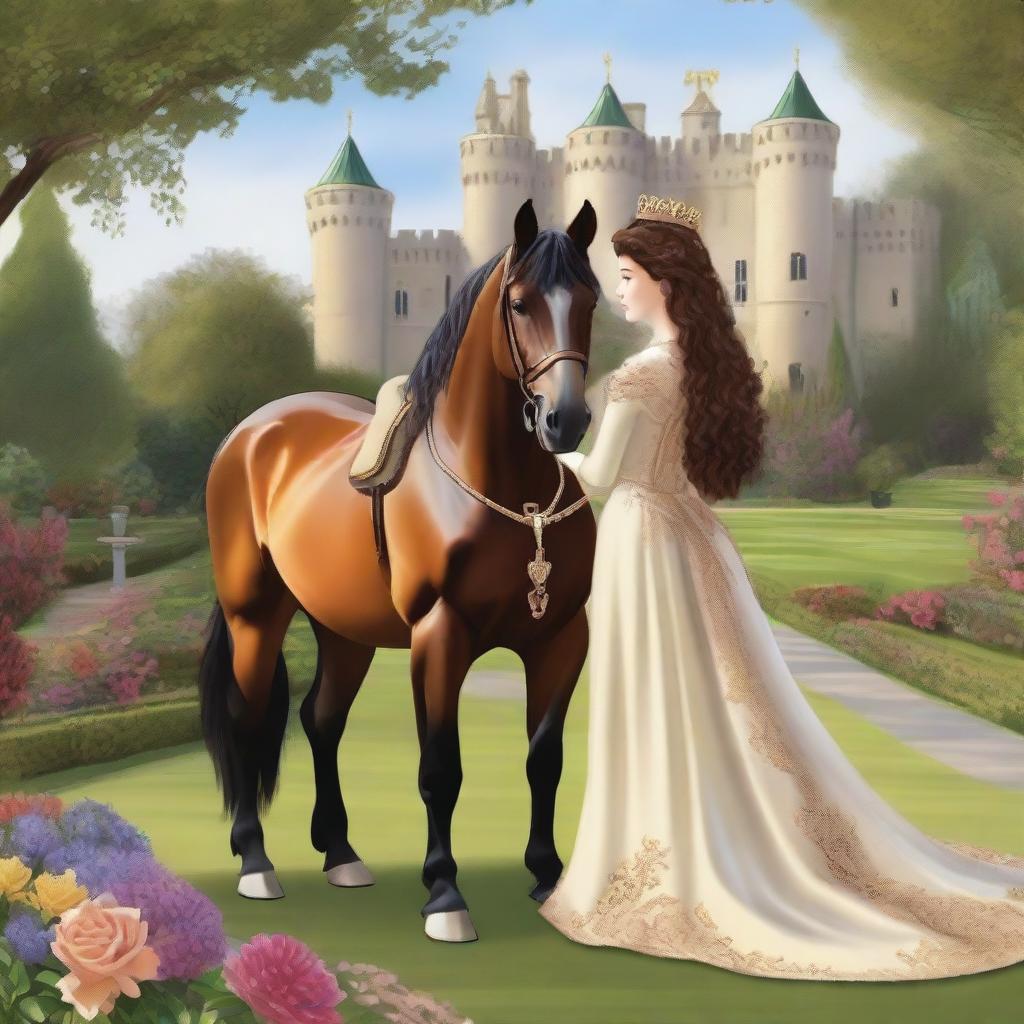 A majestic scene featuring the back view of a horse prince and princess