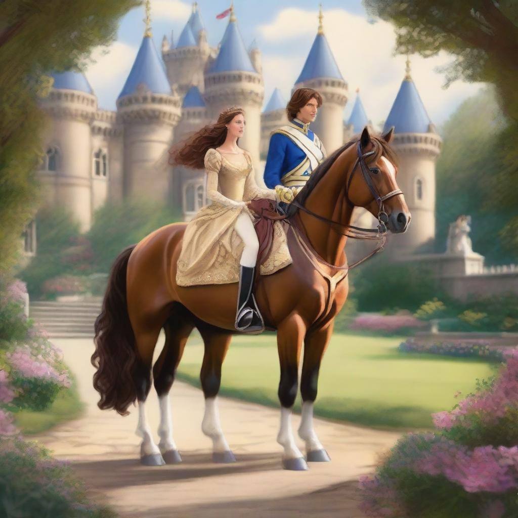 A majestic scene featuring the back view of a horse prince and princess as they are going on a journey