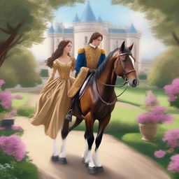 A majestic scene featuring the back view of a horse prince and princess as they are going on a journey