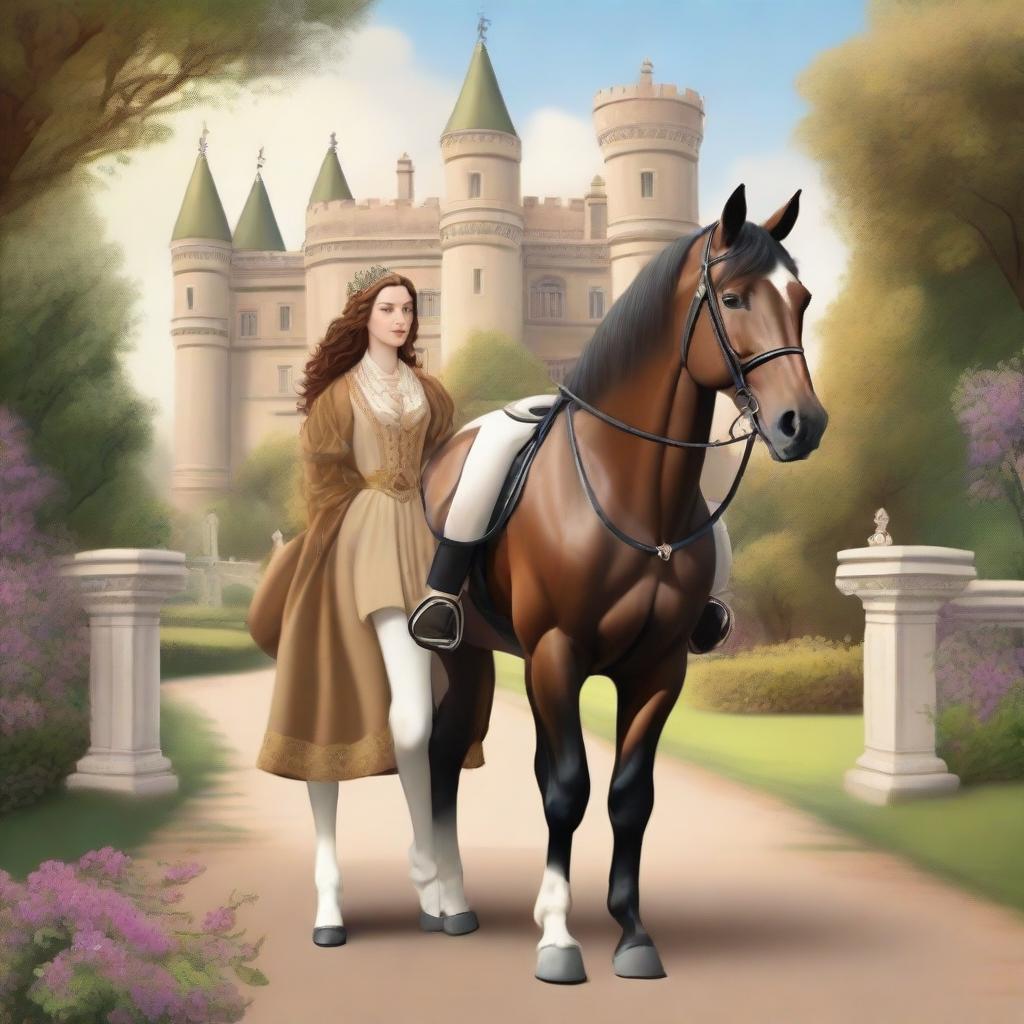 A majestic scene featuring the back view of a horse prince and princess as they are going on a journey