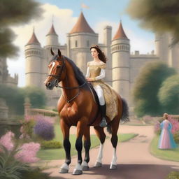 A majestic scene featuring the back view of a horse prince and princess as they are going on a journey