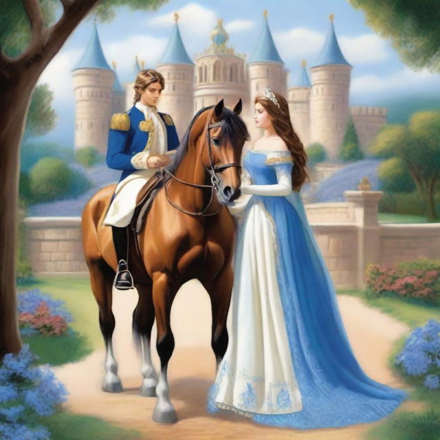 A majestic scene featuring the back view of a horse prince and princess as they are going on a journey