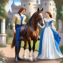 A majestic scene featuring the back view of a horse prince and princess as they are going on a journey