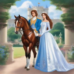 A majestic scene featuring the back view of a horse prince and princess as they are going on a journey