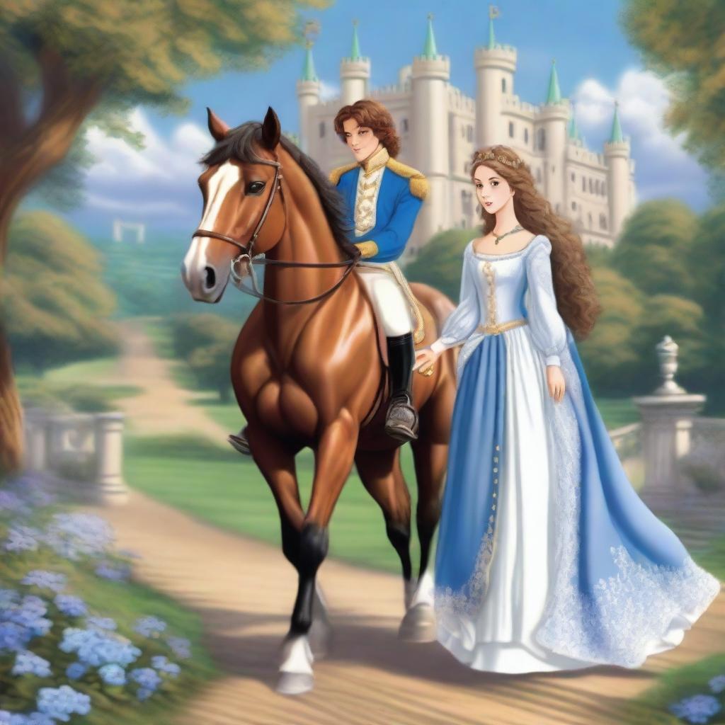 A majestic scene featuring the back view of a horse prince and princess as they are going on a journey