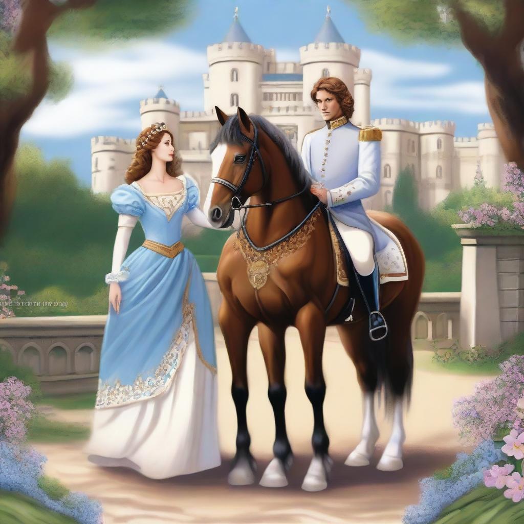 A majestic scene featuring the back view of a horse prince and princess as they are going on a journey