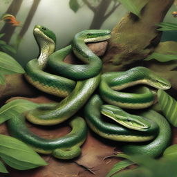 A detailed and realistic depiction of a variety of snakes in their natural habitat