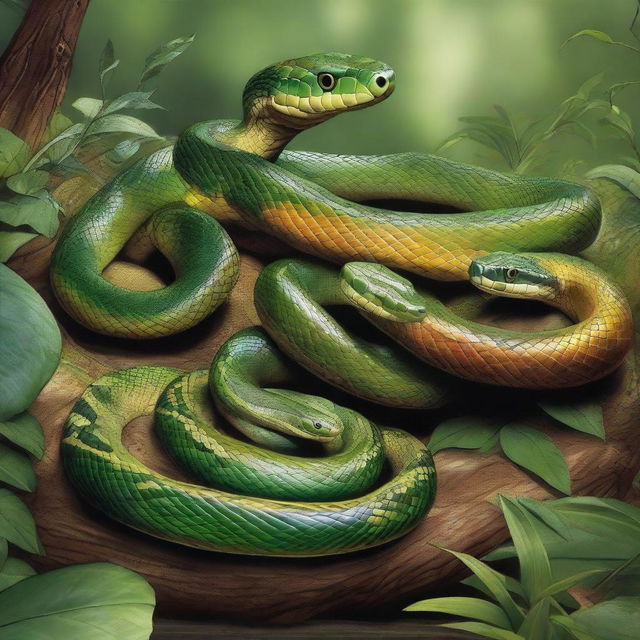 A detailed and realistic depiction of a variety of snakes in their natural habitat