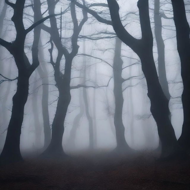 A dark, eerie forest with twisted trees and a thick fog