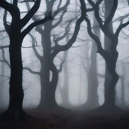 A dark, eerie forest with twisted trees and a thick fog