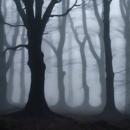 A dark, eerie forest with twisted trees and a thick fog