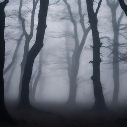 A dark, eerie forest with twisted trees and a thick fog