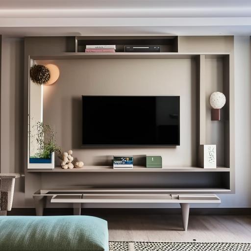 An elegant and modern living room with a strategically placed TV wall. The wall is adorned with interesting design elements that serve both functional and aesthetic purposes.