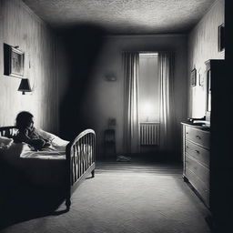 A dimly lit bedroom with a child sitting up in bed, wide-eyed with fear