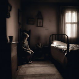 A dimly lit bedroom with a child sitting up in bed, wide-eyed with fear