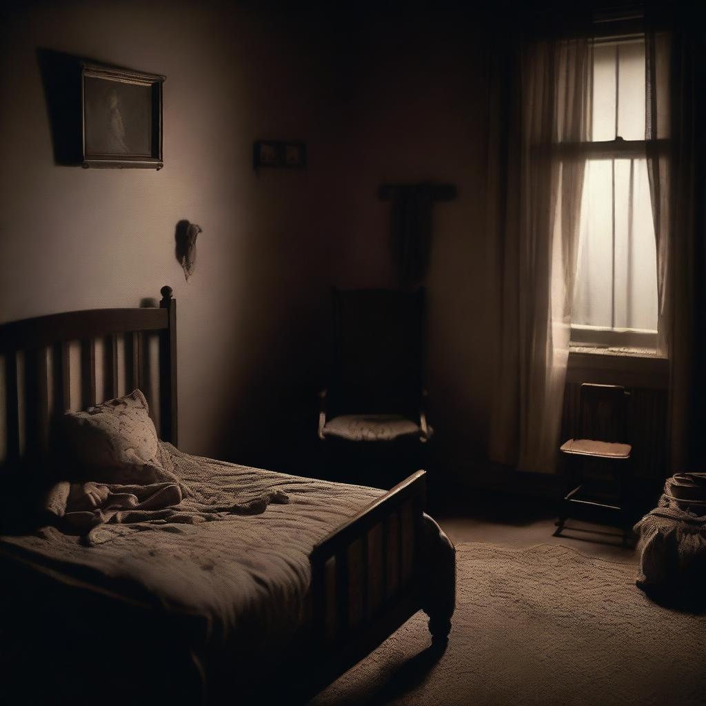 A dimly lit bedroom with a child sitting up in bed, wide-eyed with fear