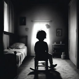 A dimly lit bedroom with a child sitting up in bed, wide-eyed with fear