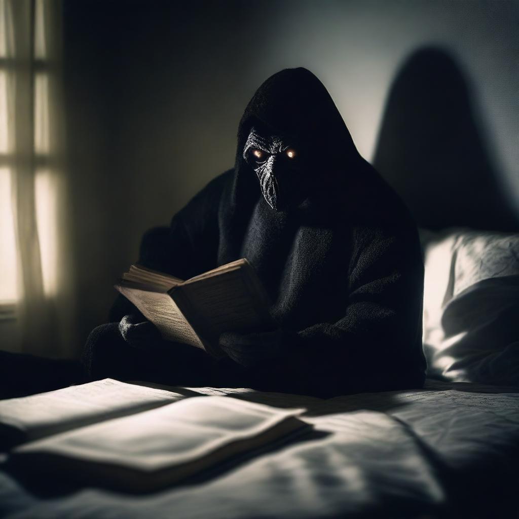 A spooky scene of a person in bed reading a horror story book, with a sinister monster lurking in the shadows, watching them