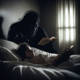 A spooky scene of a person in bed reading a horror story book, with a sinister monster lurking in the shadows, watching them