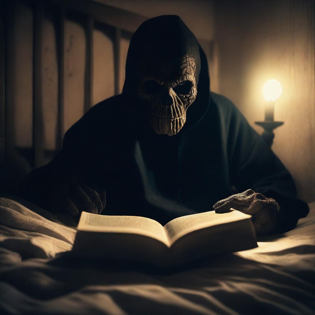 A spooky scene of a person in bed reading a horror story book, with a sinister monster lurking in the shadows, watching them