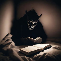 A spooky scene of a person in bed reading a horror story book, with a sinister monster lurking in the shadows, watching them