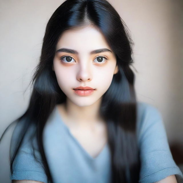 A portrait of an 18-year-old girl with two large, clear eyes