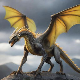 A high fantasy, blur-toned dragon with webbed talons, webbing along its spine, a stinger tail, and bright yellow eyes. It has large wings that can tuck closely to its body, presenting a majestic and beautiful spectacle.