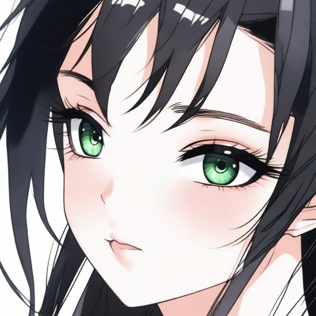 A close-up of an anime girl's face with two big, clear eyes that are slightly feline, featuring long, beautifully elongated eyelashes