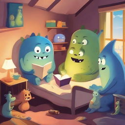 A whimsical scene of friendly monsters gathered around a cozy room, reading bedtime stories to each other