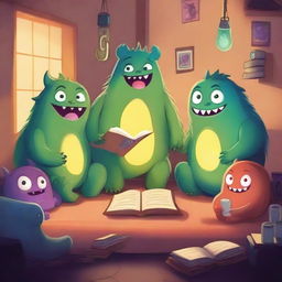 A whimsical scene of friendly monsters gathered around a cozy room, reading bedtime stories to each other